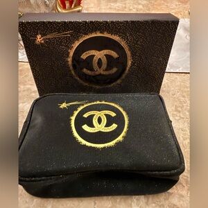 CHANEL Black and Gold Logo Pouch - make up bag